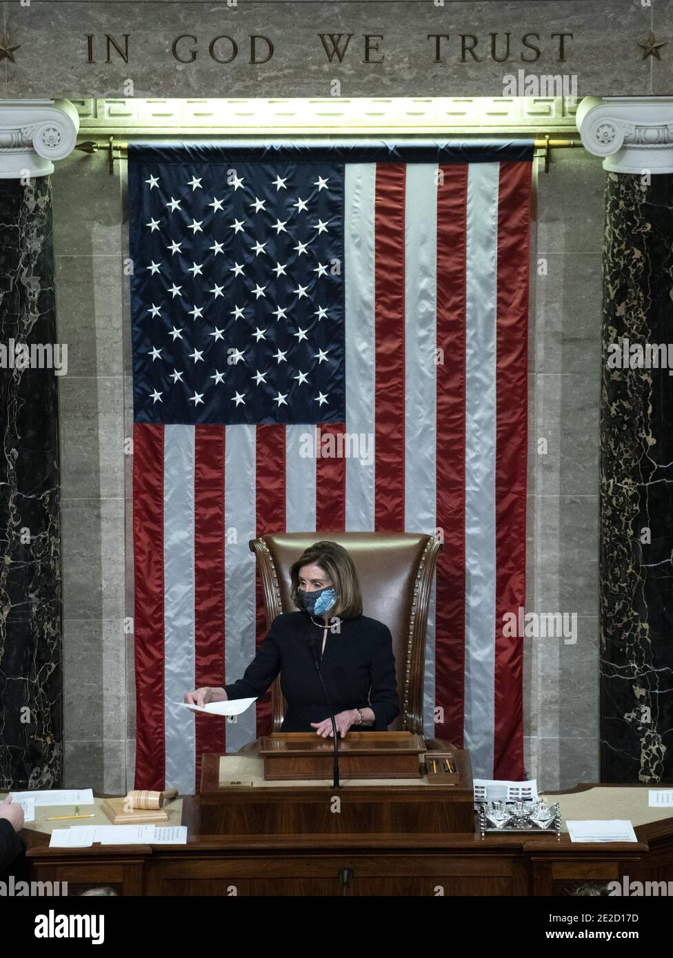 Washington, United States. 13th Jan, 2021. Speaker of the House Nancy Pelosi, D-Calif., presides over the impeachment vote for President Donald J. Trump, in the House Chambers at the U.S. Capitol in Washington, DC on Wednesday, January 13, 2021. The House has voted to impeach President Trump for a second time on charges that he incited an "insurrection" with last week's riot at the U.S. Capitol that left 5 dead. Photo by Kevin Dietsch/UPI Credit: UPI/Alamy Live News Stock Photo