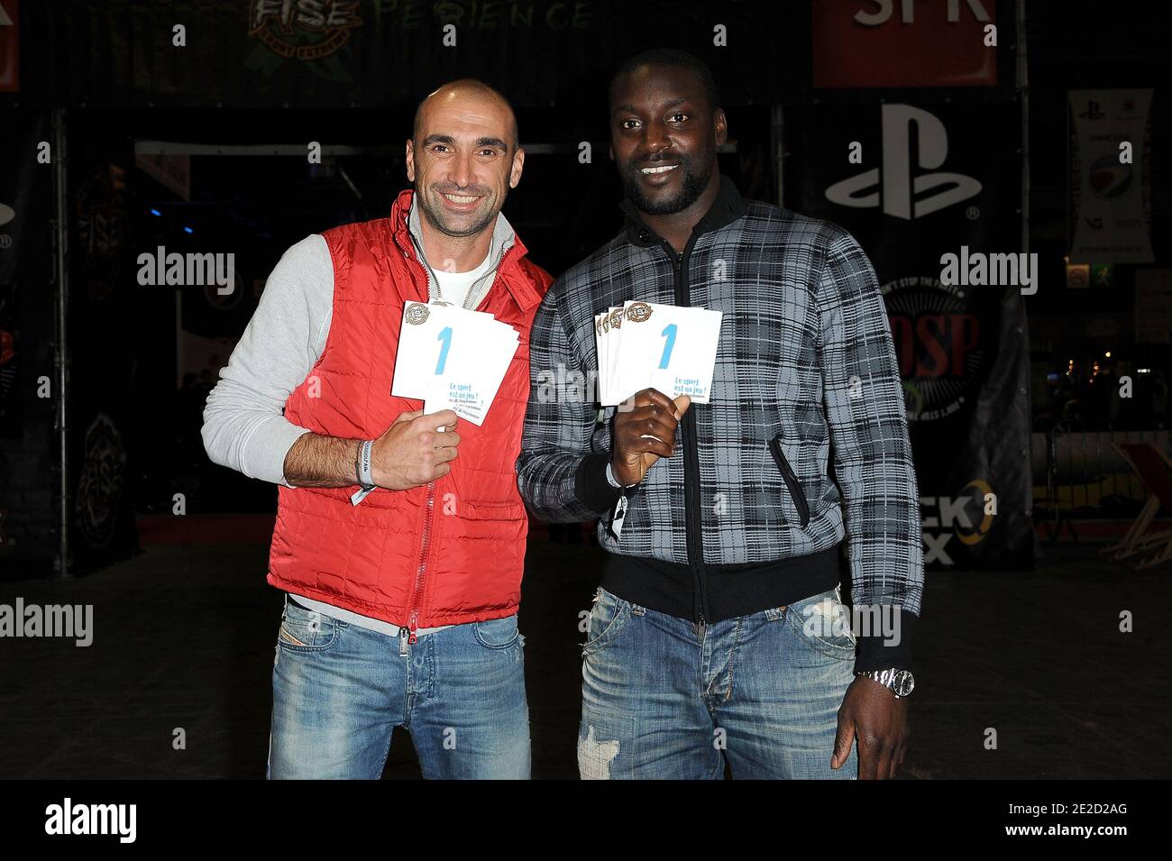 Jerome Alonzo and Ladji Doucoure attending the Paris Games Week held at Porte de Versailles in Paris, France, October 20, 2011. Photo by Nicolas Briquet/ABACAPRESS.COM Stock Photo