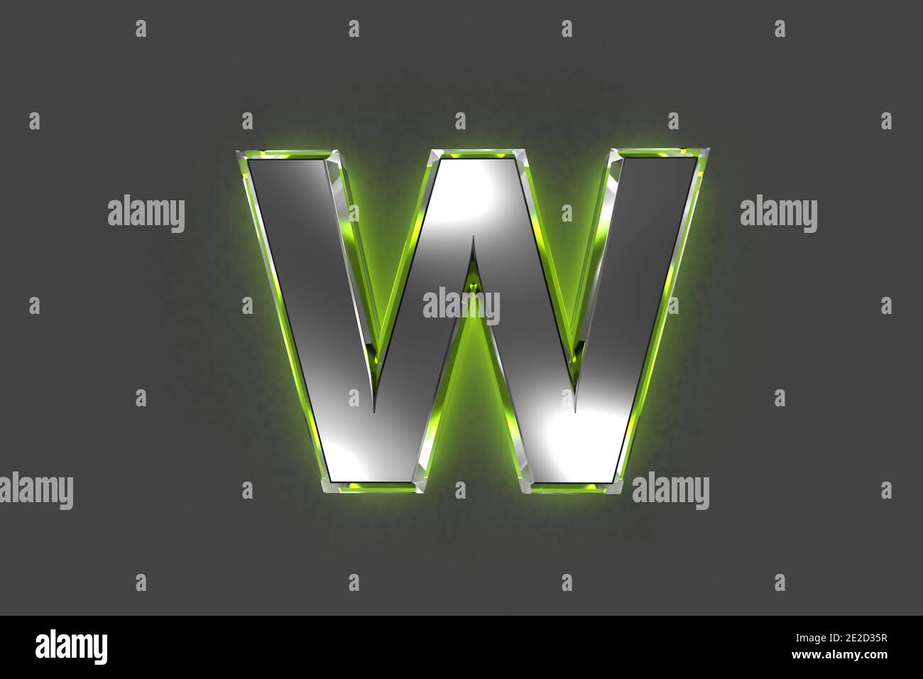 Grey metallic alphabet with green glossy glass made outline - letter W ...