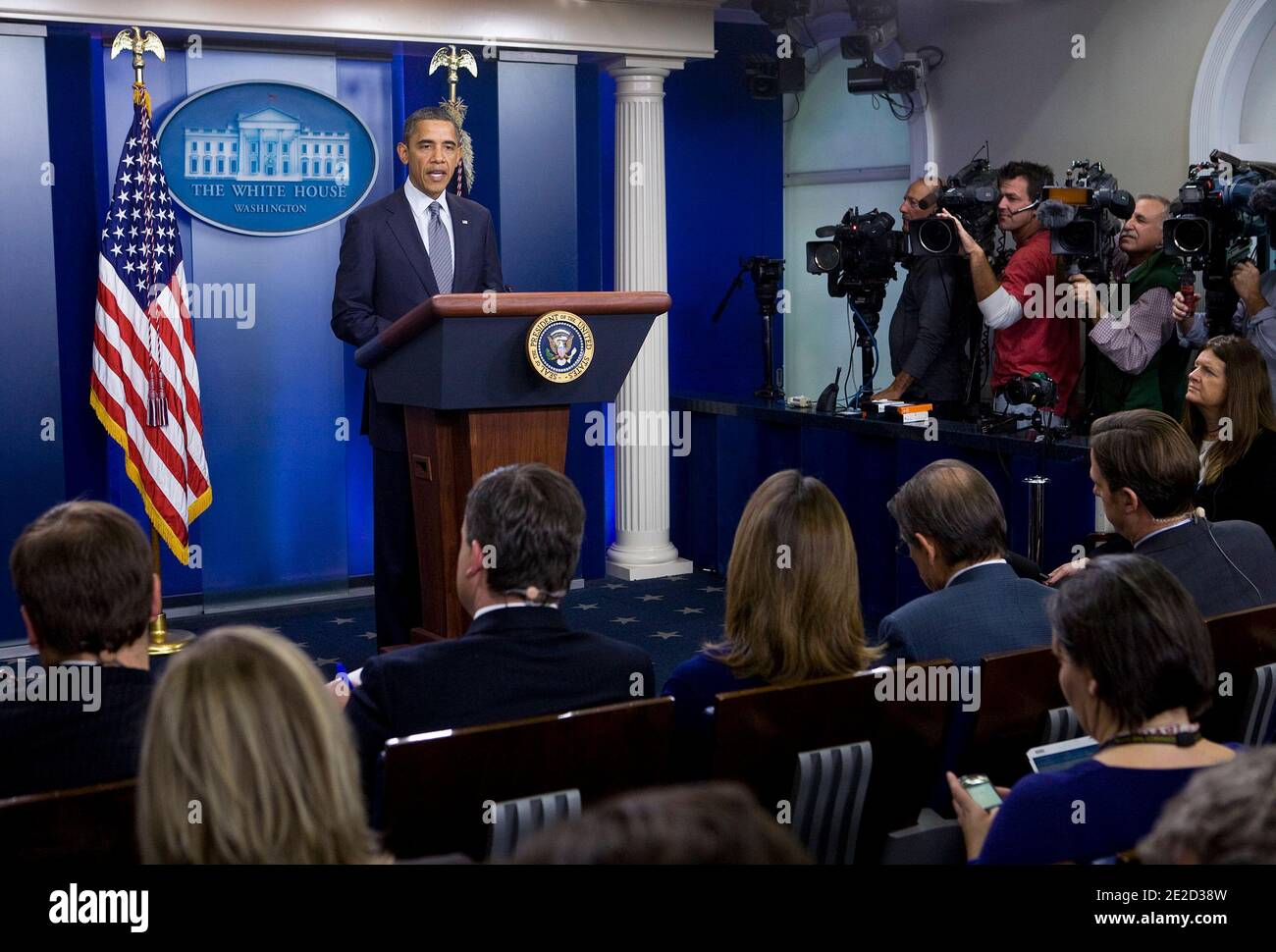 President Barack Obama visits the White House Press Briefing Room to announce the official end of the Iraq War in Washington on October 21, 2011. The President said that all American forces will return to the United States by the end of the year and the US will begin normalized relations with Iraq. Photo by Kristoffer Tripplaar/ABACAPRESS.COM. Stock Photo