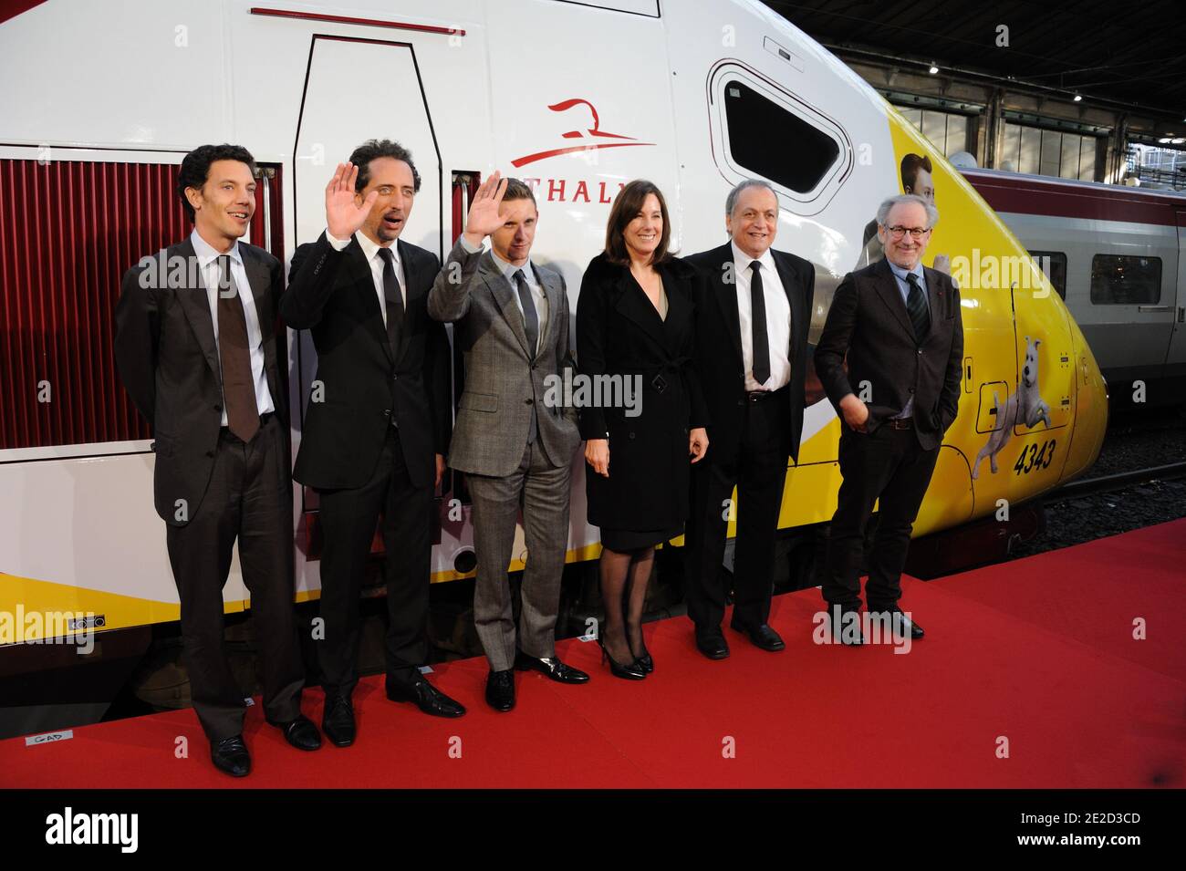 Steven Spielberg, Kathleen Kennedy, Gad Elmaleh and Jamie Bell attending the 'TGV Thalys Tintin' inauguration at Gare du Nord on October 22, 2011 in Paris, France.Photo by Alban Wyters/ABACAPRESS.COM Stock Photo