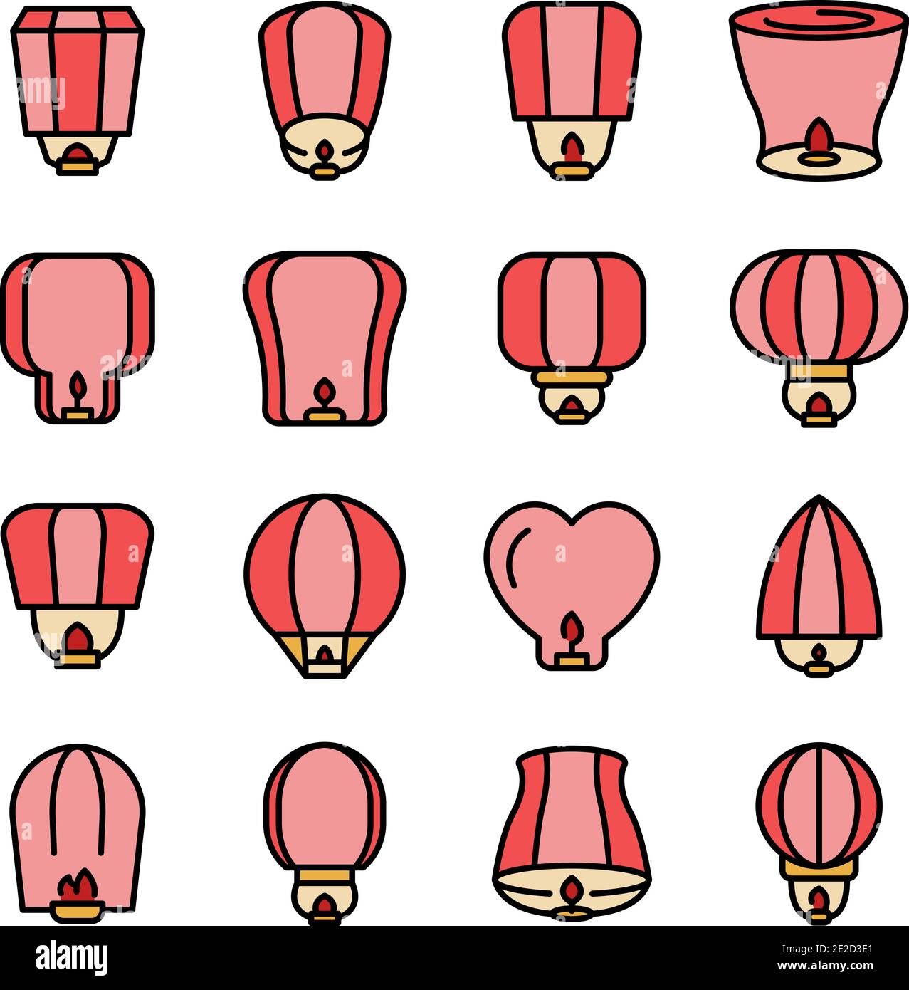 Floating lantern icons set. Outline set of floating lantern vector ...