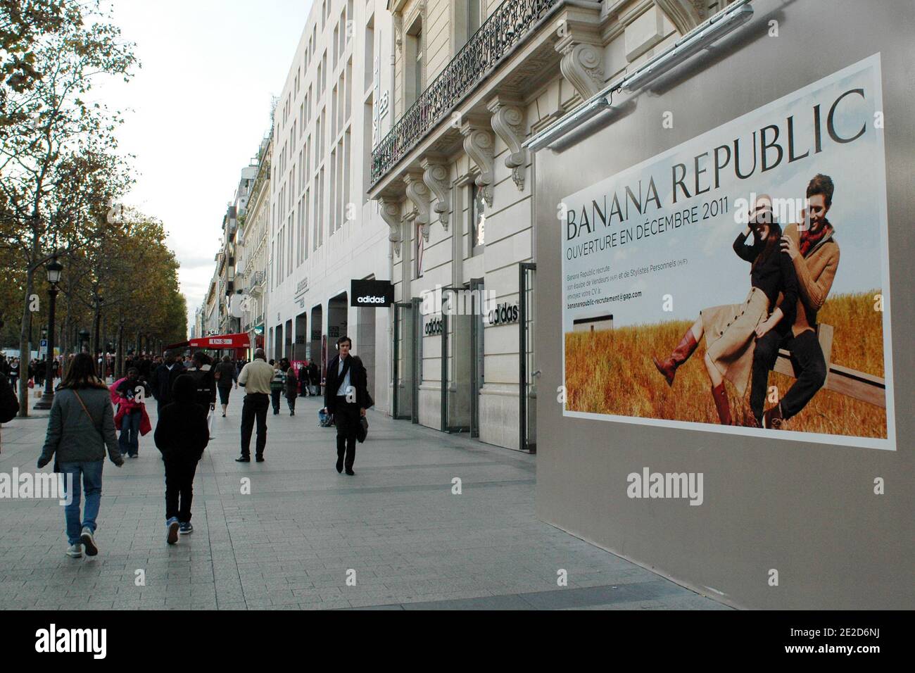 A billboard announces the opening in early December 2011 of the first  Banana Republic store in France, on the Champs-Elysees in Paris, France on  October 26, 2011. The new store is part