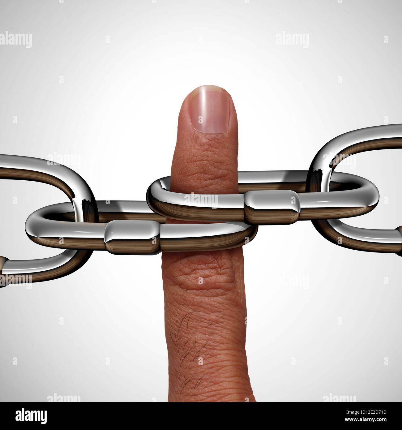 Business solutions to hold together as a finger connected to a chain link holding together a network as a symbol for trust. Stock Photo