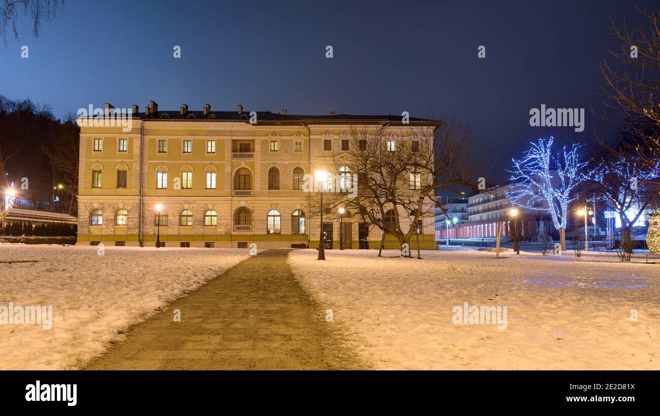 Winter view of the main square of Krynica Zdroj at night, famous spa town in southern Poland Stock Photo