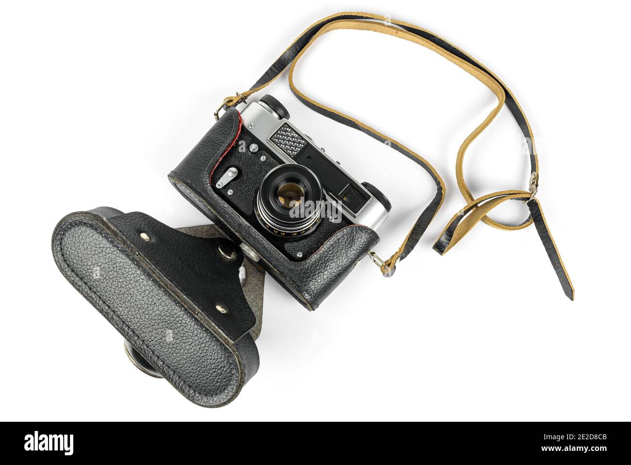 Vintage analog camera in leather case iasolated on white background ...