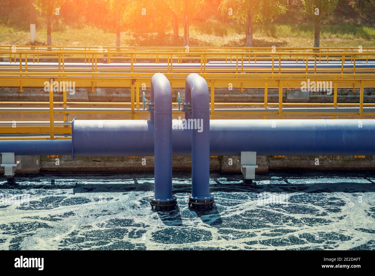 Aerated activated sludge tank at modern wastewater treatment plant. Stock Photo
