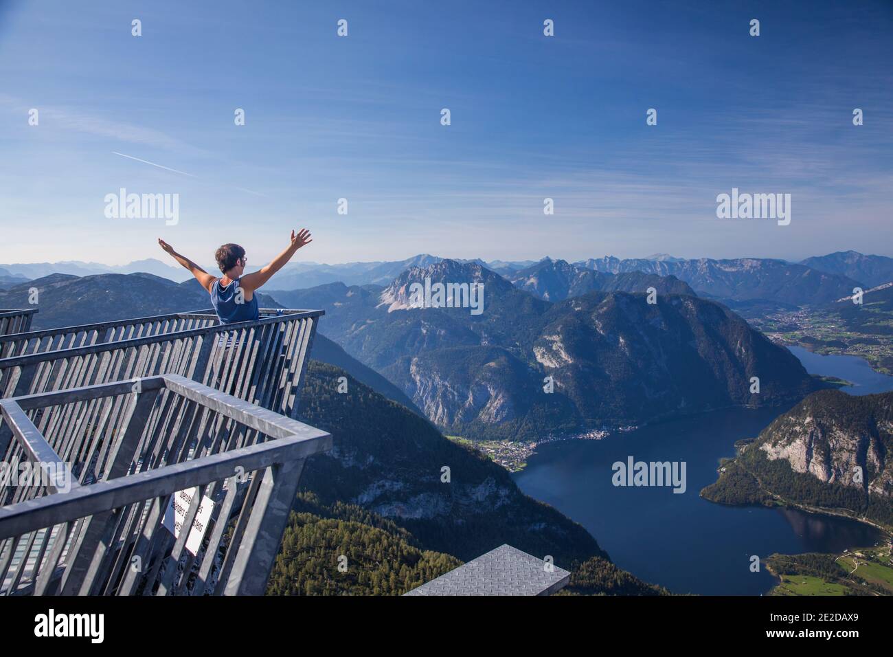 View from the Five fingers observation platform of the Salzkammergut  region. Top of the Krippenstein with chucrh Stock Photo - Alamy