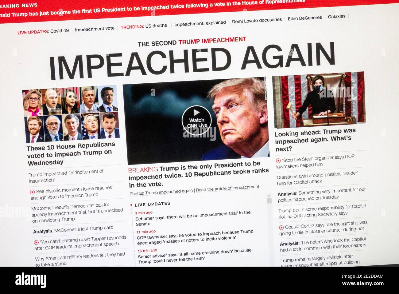 CNN breaking news screenshot showing President Donald Trump being impeached for a second time on 13th January 2021. Stock Photo