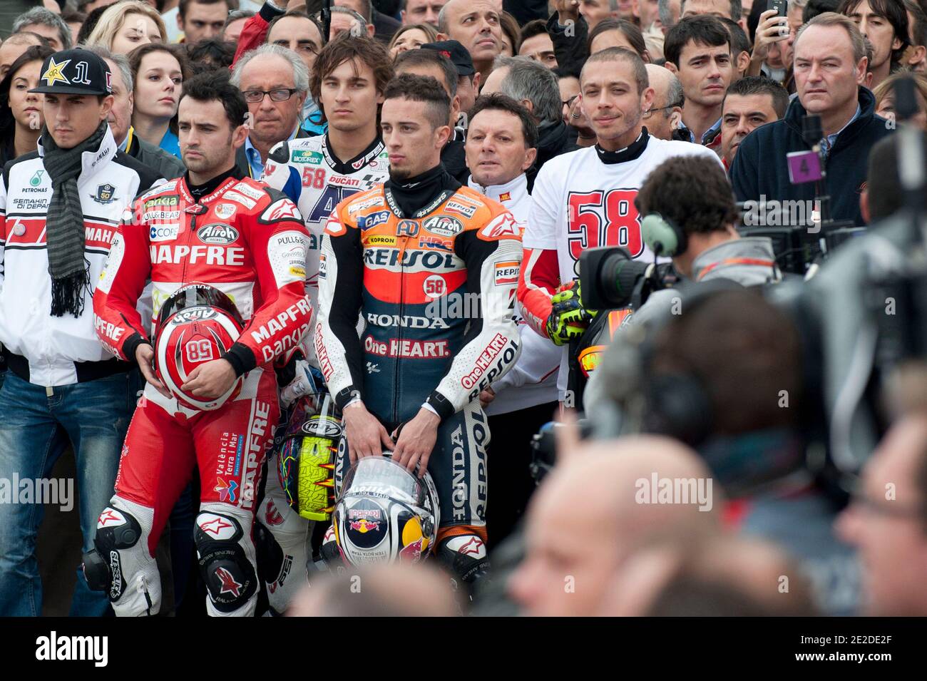 MotoGP Riders Andrea Dovizioso and Valentino Rossi Tribute to Marco Simoncelli during the MotoGP Prix of Spain at Ricardo Tormo de la Comunitat Valenciana Circuit in Valencia, Spain on November