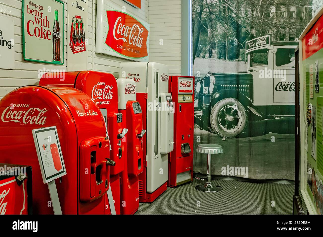 Vintage Coke machines are displayed at the Coca-Cola Museum in Corinth, Mississippi, March 5, 2012. Stock Photo