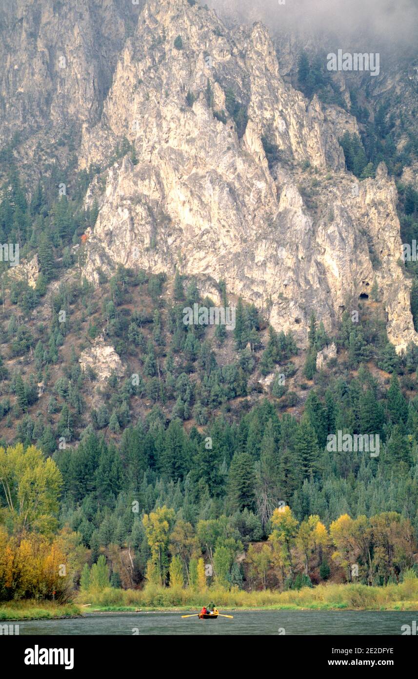 Fly fishing from a drift boat in the canyon of the South Fork of the
