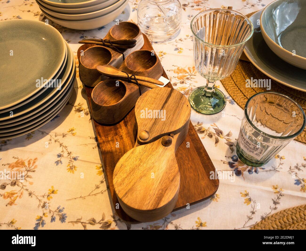 Cute table ware close up ceramic plates, wooden handmade dishes, top ...