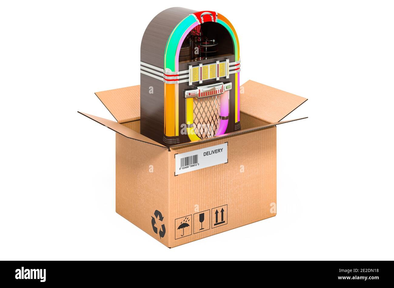 Classic jukebox inside cardboard box, delivery concept. 3D rendering ...