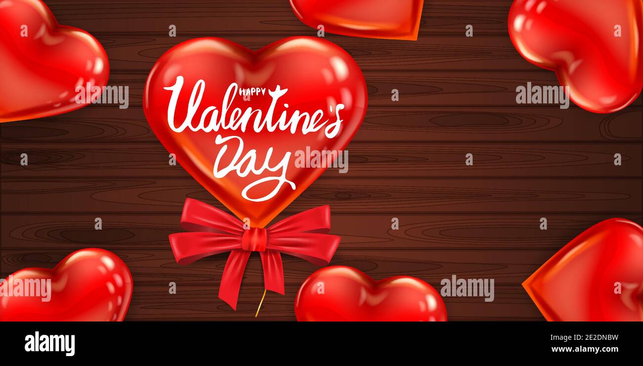 Happy Valentines Day red heart shape glossy balloon realistic ...