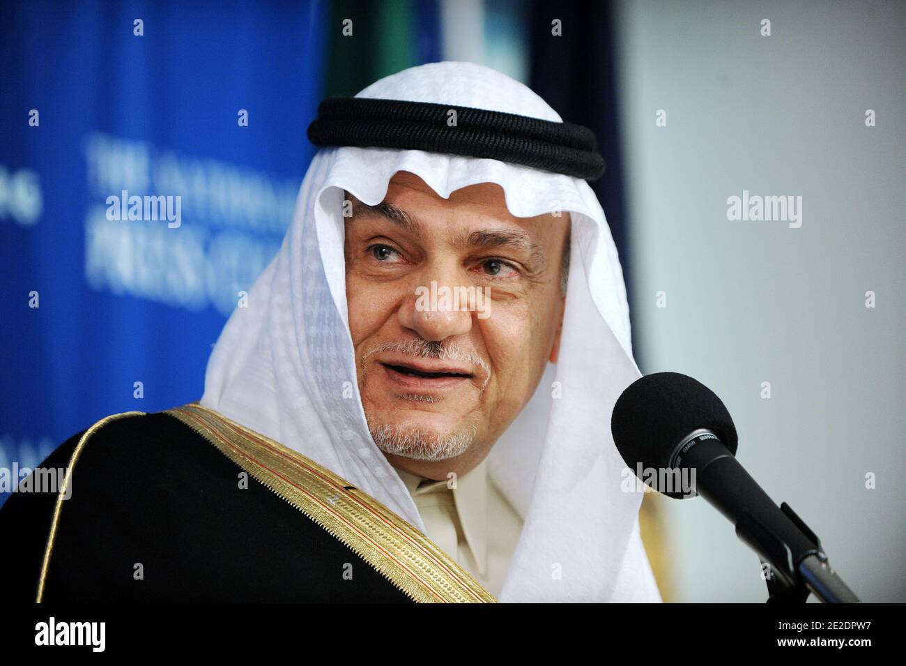 Prince Turki Al Faisal of Saudi Arabia speaks at the National Press Club November 15, 2011 in Washington, DC. Prince Turki Al Faisal spoke about the alleged Iranian plot to assassinate the Saudi Arabian ambassador to the United States, the evolving role and rights of women in Saudi Arabia, and Saudi Arabia's support for Palestinian UN membership and statehood recognition.Photo by Olivier Douliery/ABACAPRESS.COM Stock Photo