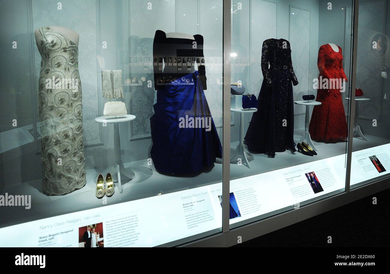 The Inaugural dresses of First Ladies (L-R ) Nancy Reagan, Barbara Bush,  Hillary Clinton and Laura Bush are on display for a press preview at the  Smithsonian National Museum of American History,