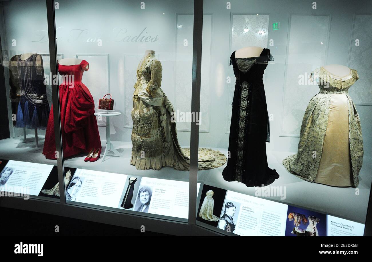 Inaugural dresses of First Ladies are on display for a press