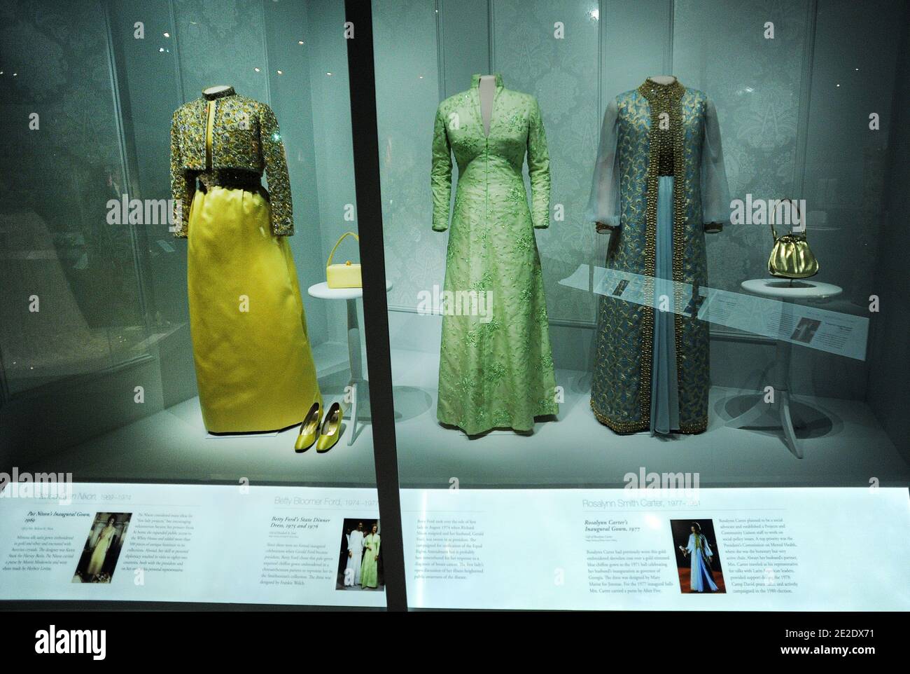The Inaugural dresses of First Ladies (L-R ) Patricia Ryan Nixon, Betty Ford and Rosalynn Carter are on display for a press preview at the Smithsonian National Museum of American History, in Washington, D.C., USA on November 18, 2011. The exhibition tells the history of the First Ladies collection, and shows off 14 gowns and over 90 other objects—including china and jewelry—that have been collected by the Smithsonian over the past hundred years. Photo by Olivier Douliery/ABACAPRESS.COM Stock Photo