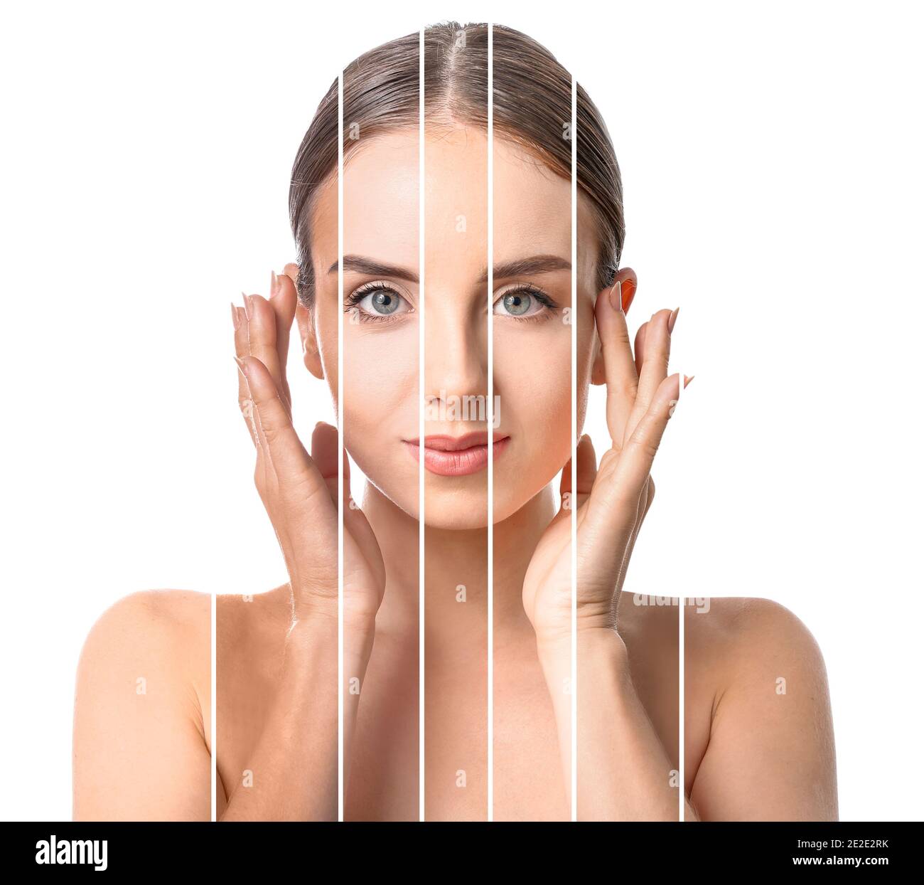 Portrait of beautiful young woman with different tones of skin on white ...