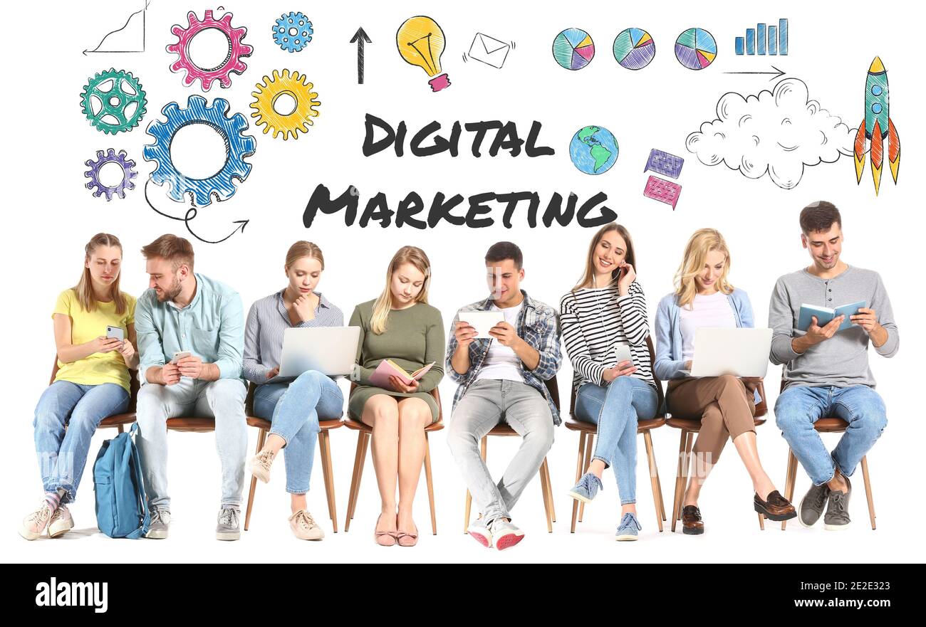 Young people sitting on white background. Concept of digital marketing ...