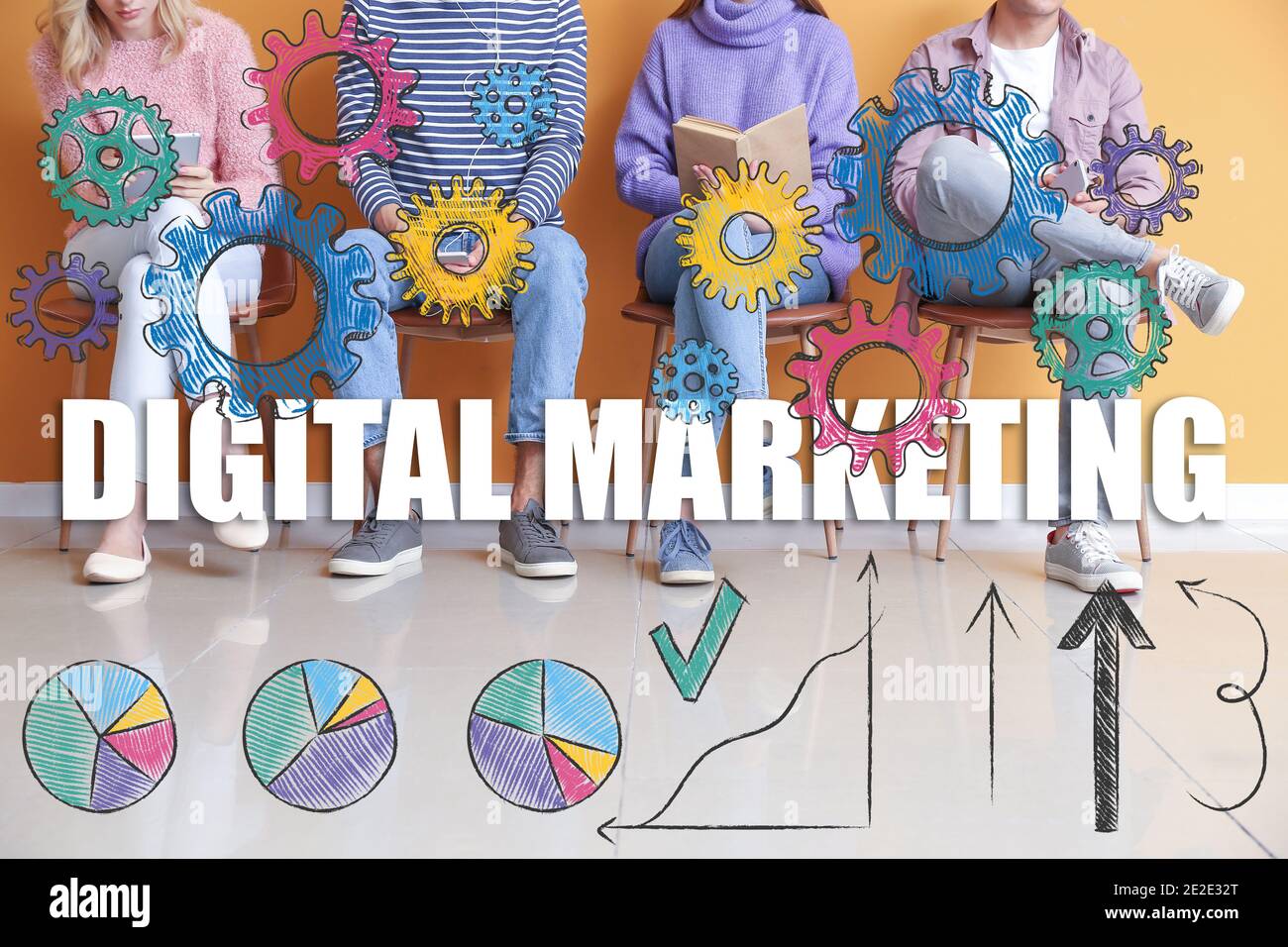 Young people sitting near color wall. Concept of digital marketing ...