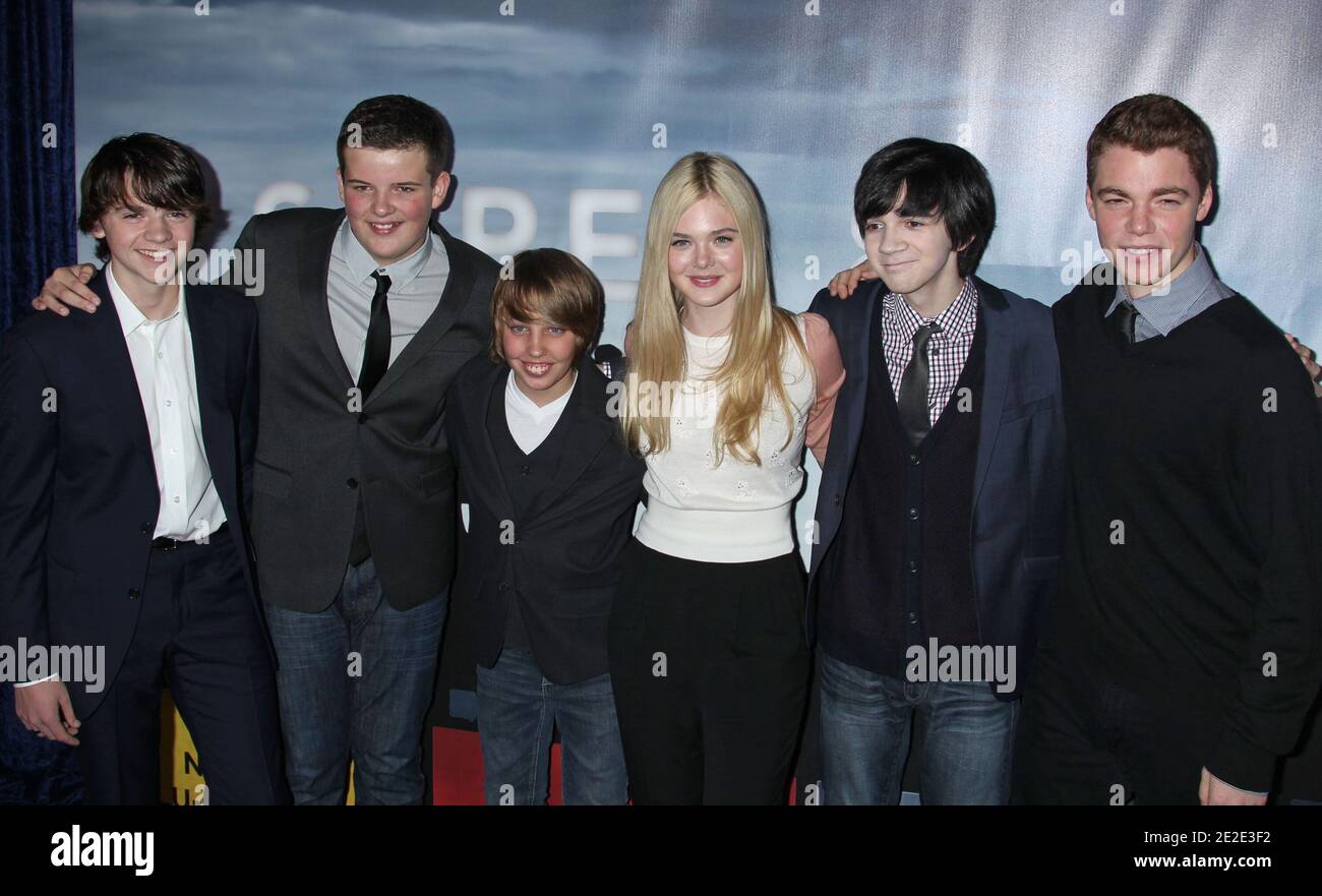 Riley Griffiths, Joel Courtney, J.J. Abrams, Elle Fanning, Ryan Lee,  Gabriel Basso at the Super 8 DVD & Blu-ray Release Party at The Academy of  Motion Picture Arts & Sciences in Beverly