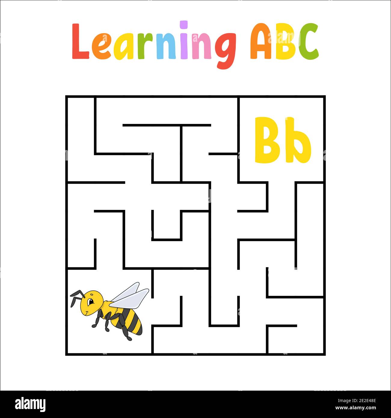 Square maze. Game for kids. Quadrate labyrinth. Education worksheet. Activity page. Learning English alphabet. Cartoon style. Find the right way. Colo Stock Vector