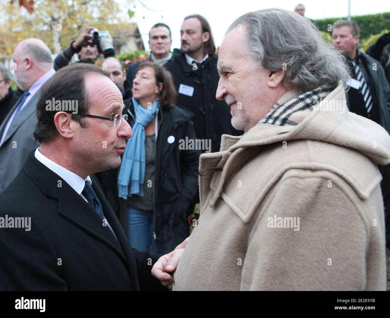 Francois Hollande and Jean-Christophe Mitterrand attending the funeral of Danielle Mitterrand on November 26, 2011 in Cluny, France. Danielle Mitterrand, First lady of France between 1981 and 1995 and human rights campaigner died in Paris on November 22, 2011. Photo by Vincent Dargent/ABACAPRESS.COM Stock Photo