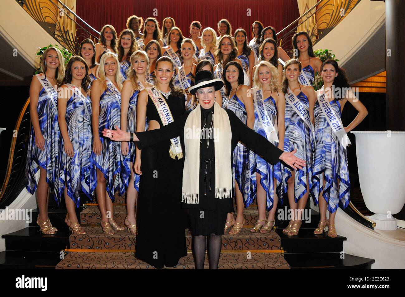 Genevieve de Fontenay and 'Miss Prestige National 2011' Barbara Morel pose with the reginonal Misses at the presentation of the 'Miss Prestige National 2012' pageant at Hotel Arc de Triomphe Hilton' in Paris, France, on November 26, 2011. Photo by Alban Wyters/ABACAPRESS.COM Stock Photo