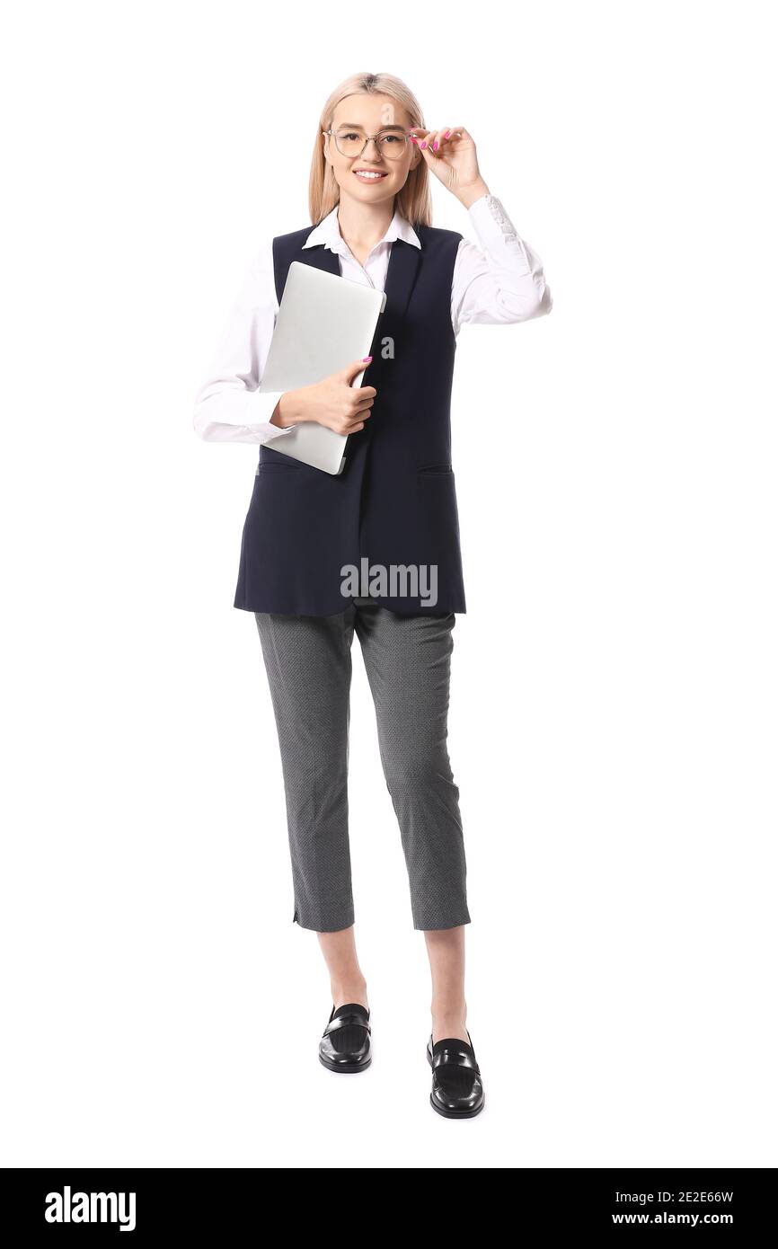 Beautiful young woman with laptop on white background Stock Photo - Alamy