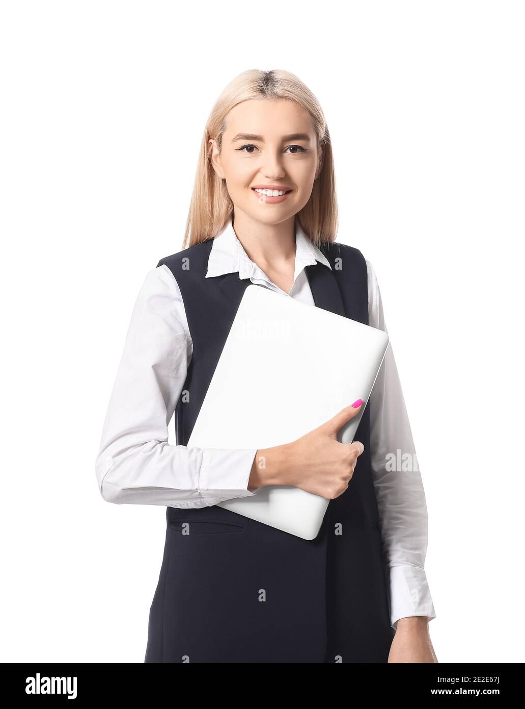 Beautiful young woman with laptop on white background Stock Photo - Alamy