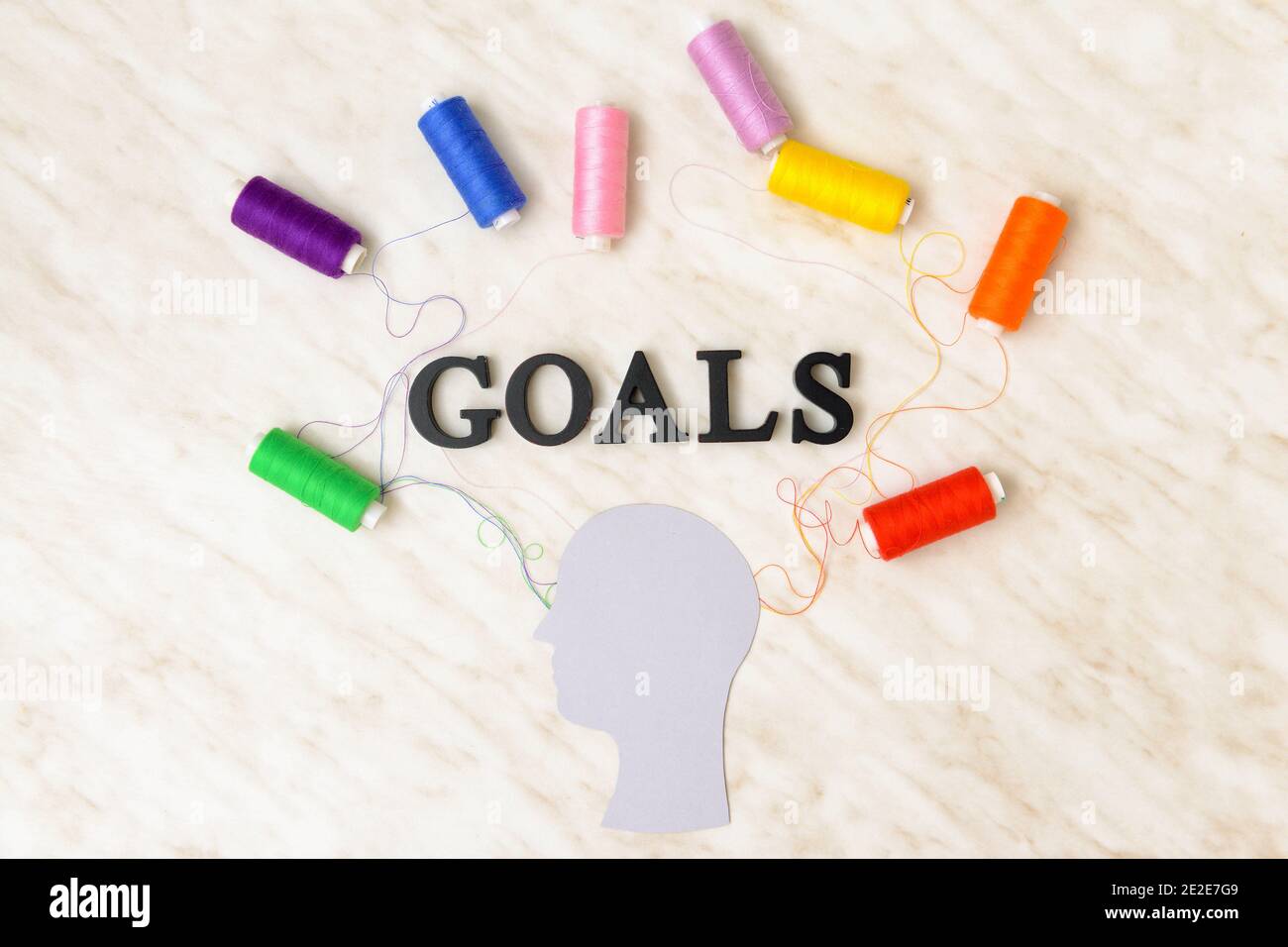 Thread Goals Human head with different sewing threads and word GOALS on light ...
