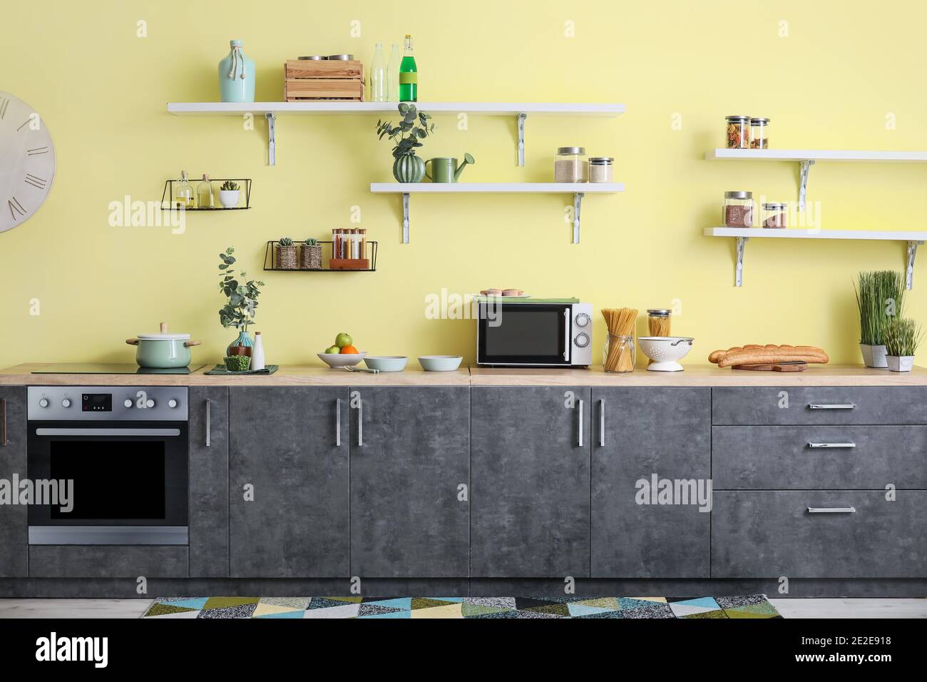 Interior of modern kitchen with shelves Stock Photo - Alamy