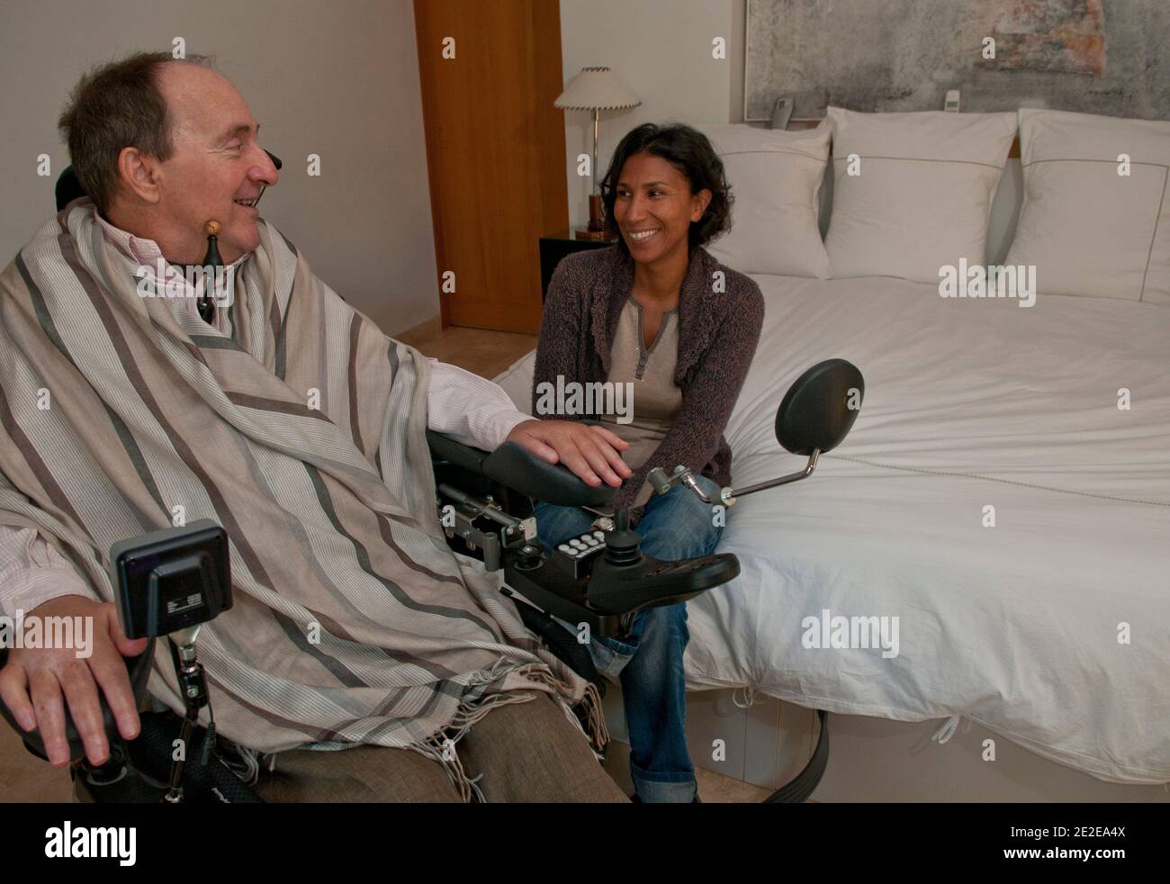 EXCLUSIVE - Philippe Pozzo di Borgo, who became quadriplegic after a paragliding accident in 1993, poses with his wife Khadija at their home in Essaouira, Morocco, November 15, 2011. His story inspired the movie 'Intouchables' directed by Olivier Nakache and Eric Toledano, released in France on November 2011, in which the actor Francois Cluzet plays his role and actor Omar Sy plays Abdel Seliou's role. In France, the movie reached 10 million of filmgoers. Photo by William Stevens/ABACAPRESS.COM Stock Photo