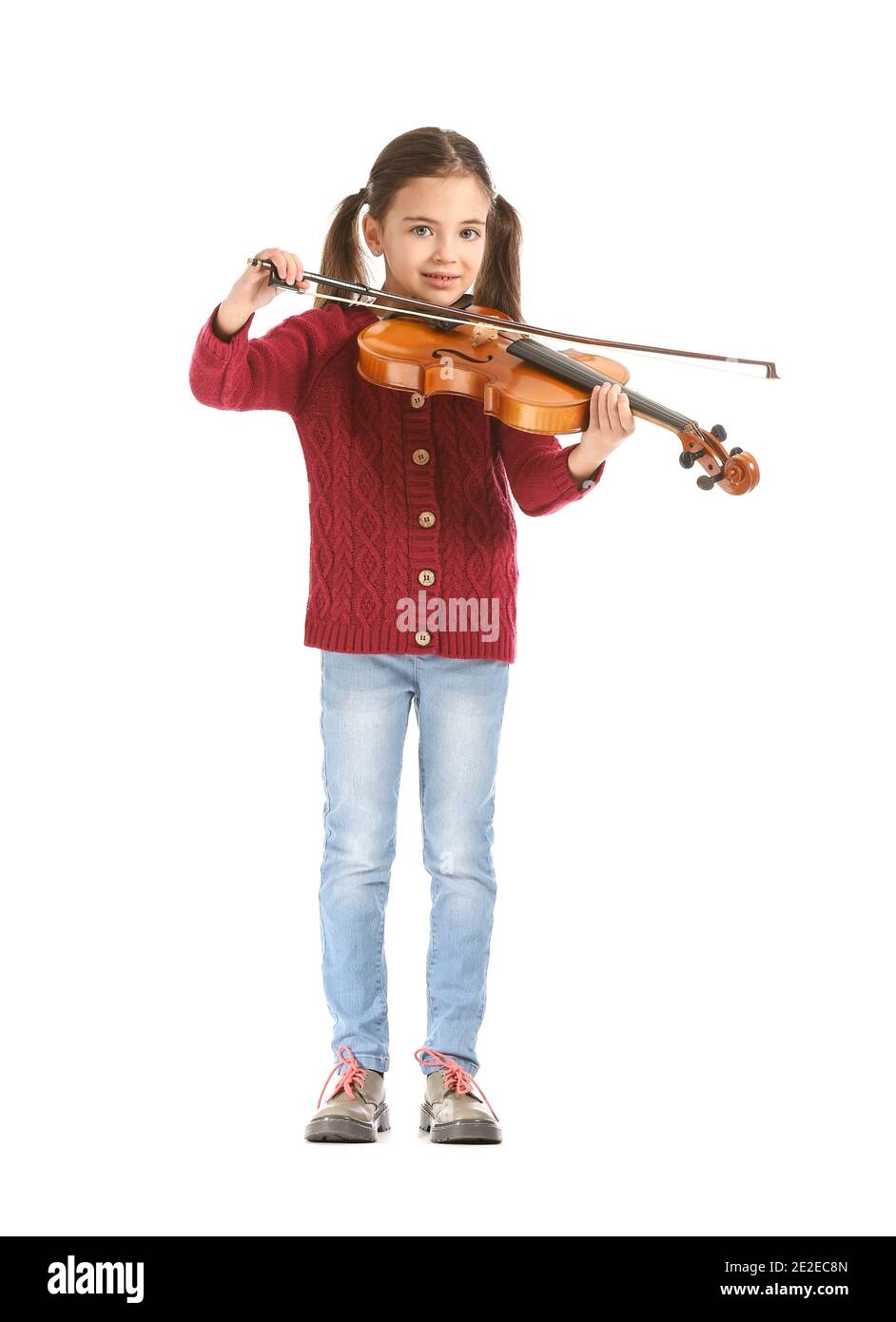 Little girl playing violin on white background Stock Photo - Alamy