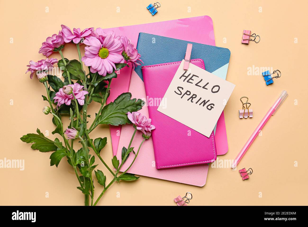 Paper sheet with text HELLO SPRING, stationery and flowers on color ...