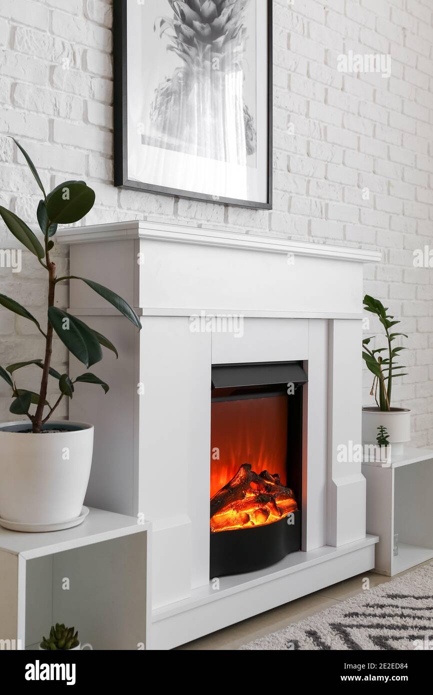 Fireplace with houseplants in interior of room Stock Photo Alamy