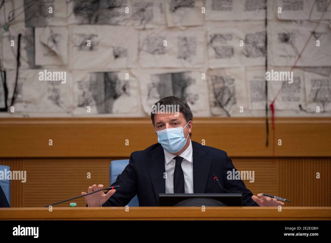 (210113) -- ROME, Jan. 13, 2021 (Xinhua) -- Italian Senator Matteo Renzi speaks during a press conference in Rome, Italy, Jan. 13, 2021. Matteo Renzi, a former prime minister, announced Wednesday that his Italia Viva party is withdrawing its cabinet members from Prime Minister Giuseppe Conte's coalition government. (Pool via Xinhua) Stock Photo