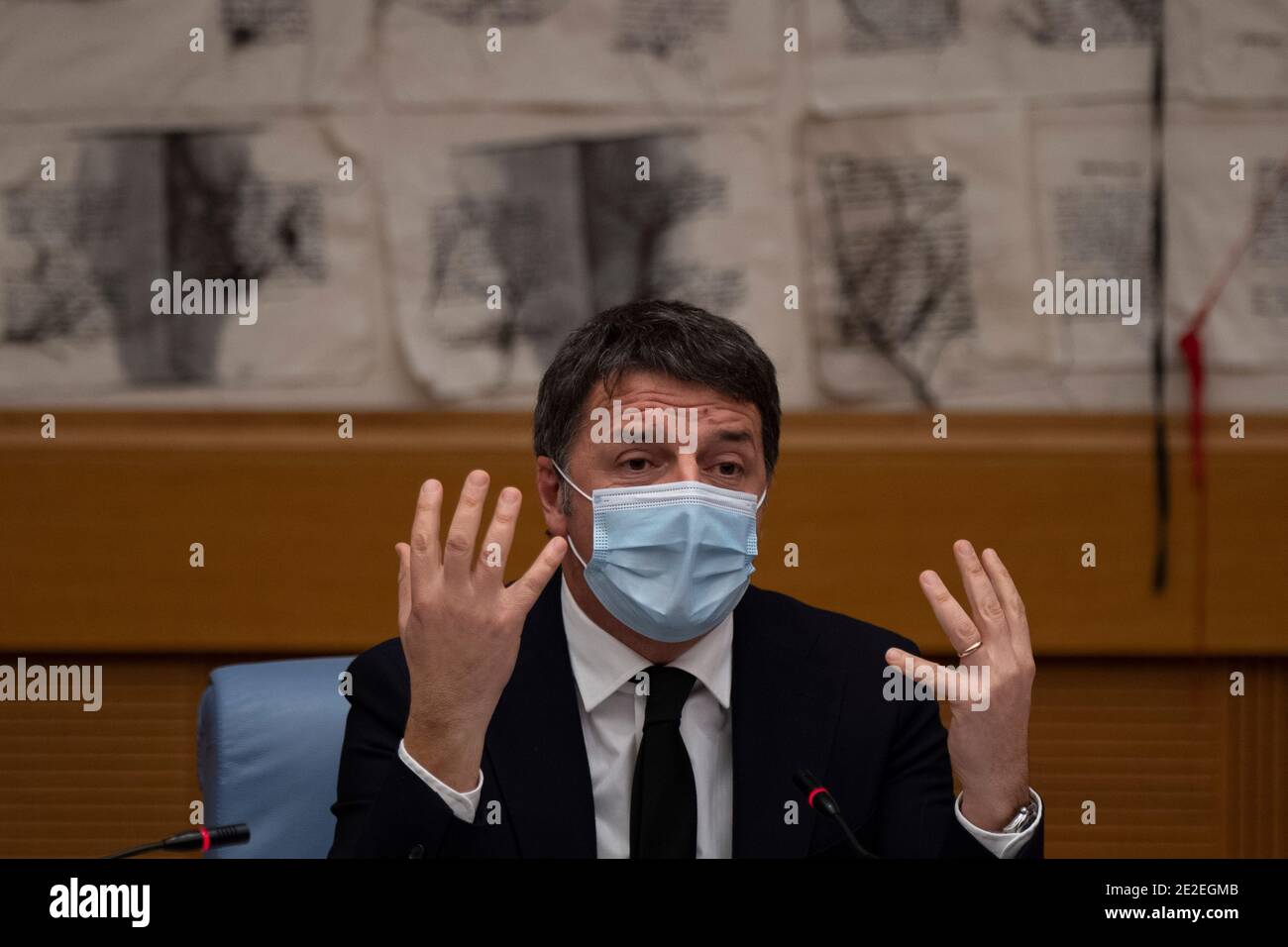 (210113) -- ROME, Jan. 13, 2021 (Xinhua) -- Italian Senator Matteo Renzi speaks during a press conference in Rome, Italy, Jan. 13, 2021. Matteo Renzi, a former prime minister, announced Wednesday that his Italia Viva party is withdrawing its cabinet members from Prime Minister Giuseppe Conte's coalition government. (Pool via Xinhua) Stock Photo