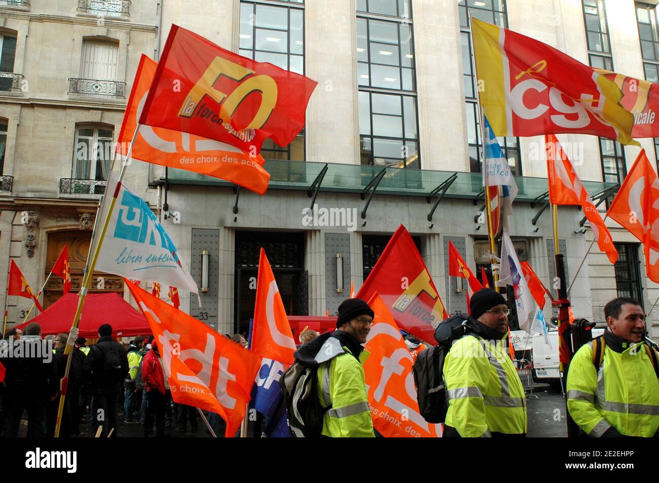 Workers of French nuclear engineering company Areva demonstrate outside the company's headquarters, in Paris, France on December 7, 2011. Employees from several French nuclear plants are mainly demanding higher salaries. Photo by Alain Apaydin/ABACAPRESS.COM Stock Photo