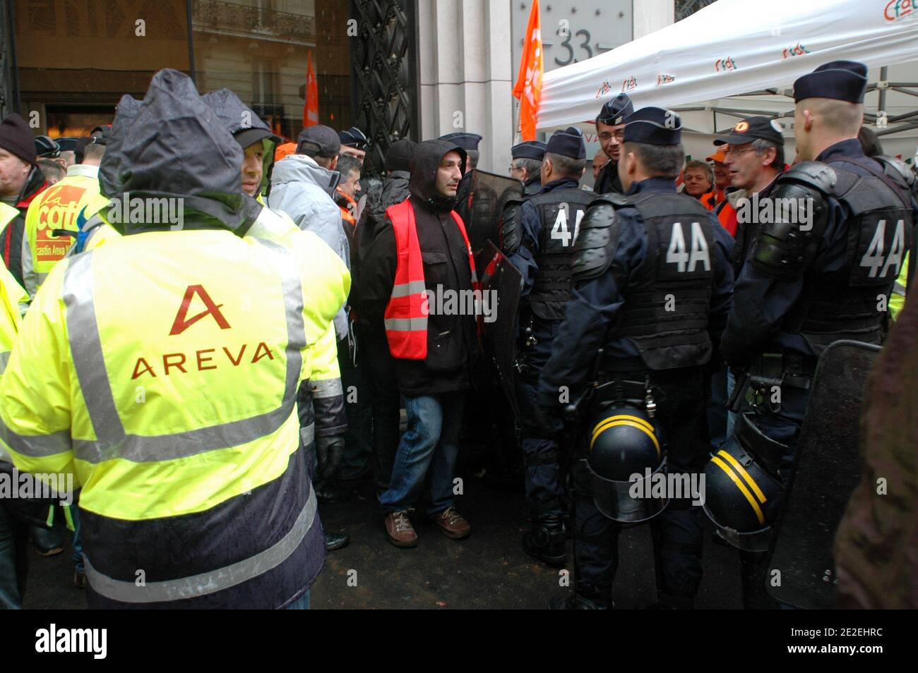 Workers of French nuclear engineering company Areva demonstrate outside the company's headquarters, in Paris, France on December 7, 2011. Employees from several French nuclear plants are mainly demanding higher salaries. Photo by Alain Apaydin/ABACAPRESS.COM Stock Photo