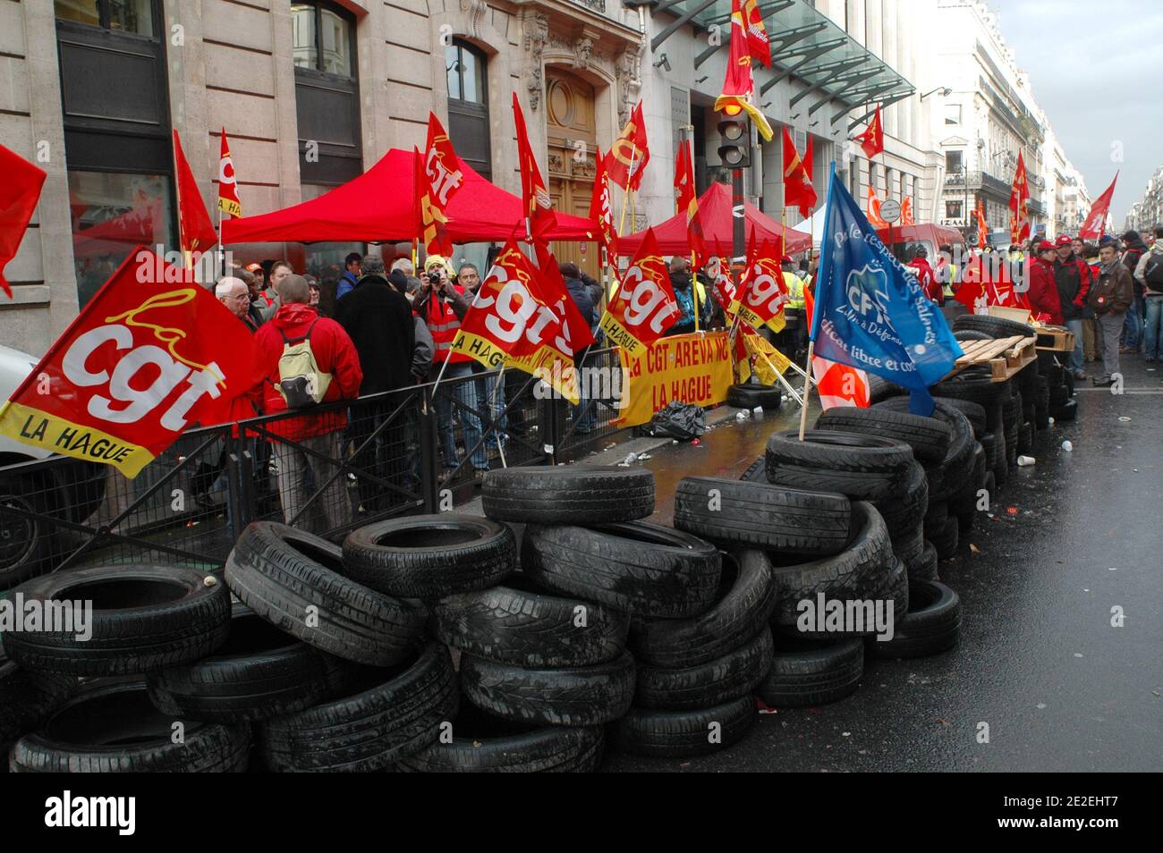 Workers of French nuclear engineering company Areva demonstrate outside the company's headquarters, in Paris, France on December 7, 2011. Employees from several French nuclear plants are mainly demanding higher salaries. Photo by Alain Apaydin/ABACAPRESS.COM Stock Photo