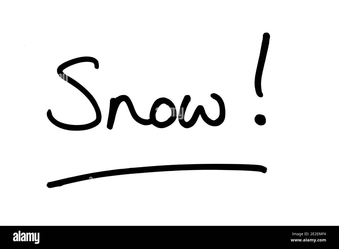 The word Snow! handwritten on a white background. Stock Photo