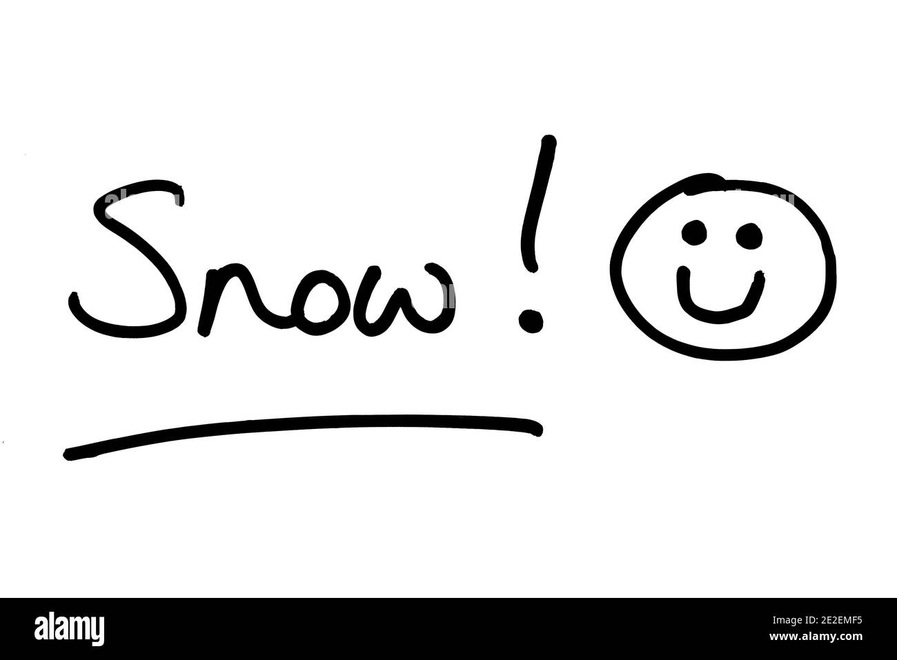The word Snow! handwritten on a white background. Stock Photo