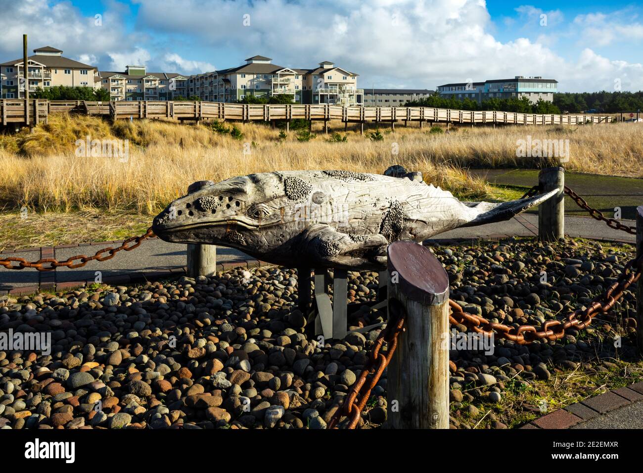WA19134-00...WASHINGTON - Carving of a Grey Whale located along the waterfront Discovery Trail in the tourist town of Long Beach. Stock Photo