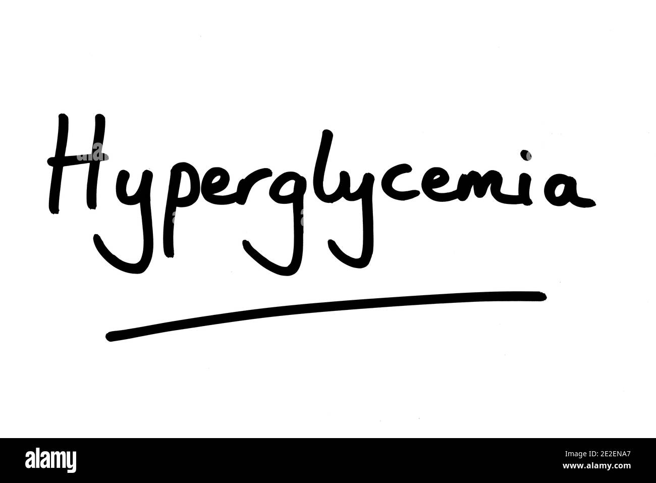 The word Hyperglycemia, handwritten on a white background. Stock Photo