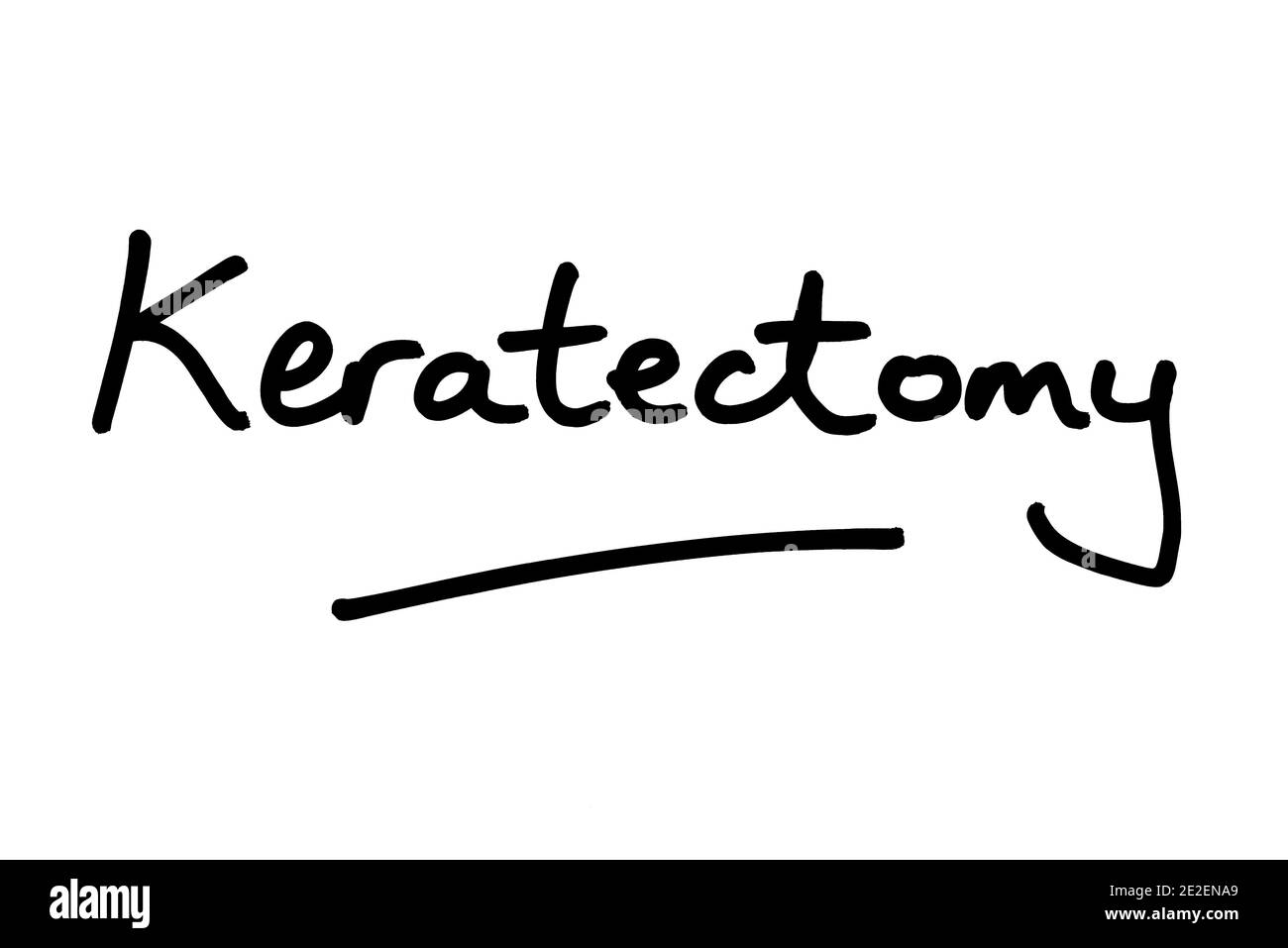 The word Keratectomy, handwritten on a white background. Stock Photo