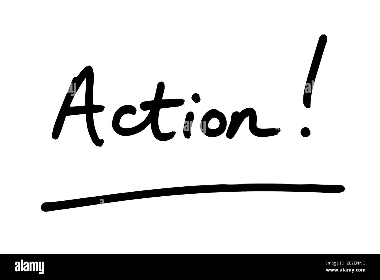 The word Action! handwritten on a white background Stock
