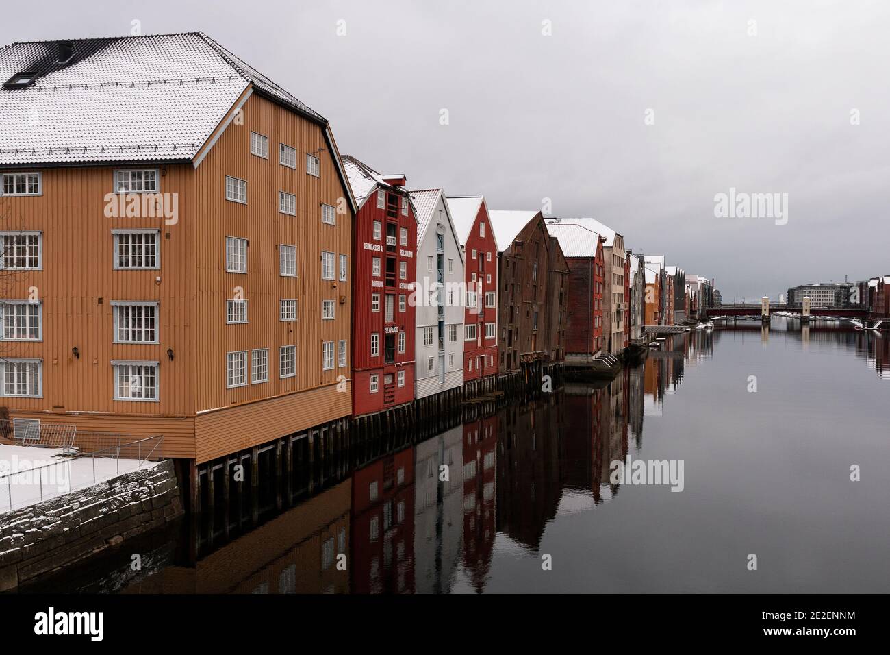 Old wooden warehouses on the Nidelva River,Trondheim, Norway Stock Photo